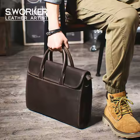 S.WORKER Vintage Genuine Leather Men's Briefcase 14" Laptop Bags Crazy Horse Leather Messenger Handbag Cowhide Idea Gift For Men