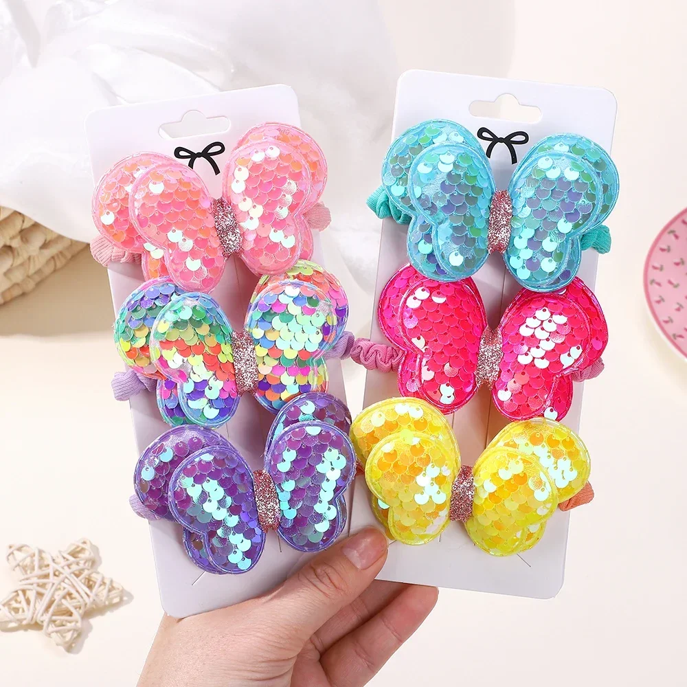 3Pcs/set colorful Shiny Sequin Big Butterfly Hair Rope for Kids High Ponytail Braid Rubber Band Headbands Girl Hair Accessories