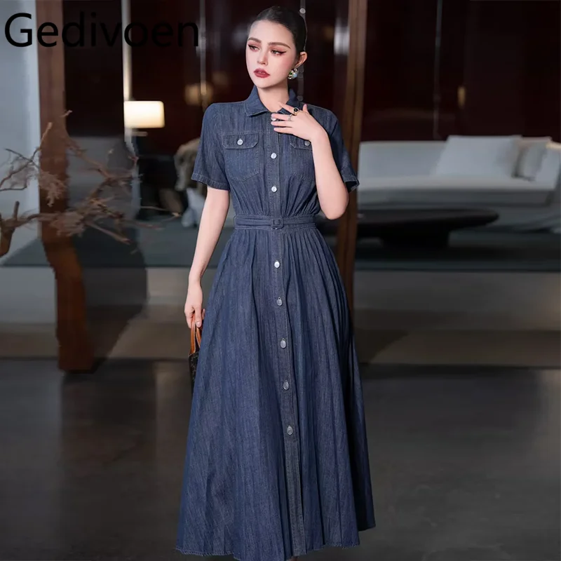 

Gedivoen Fashion Runway Women's Streetwear Dress Summer Turn-Down Collar Short-Sleeved Single-Breasted Lace-Up Long S-3XL Dress