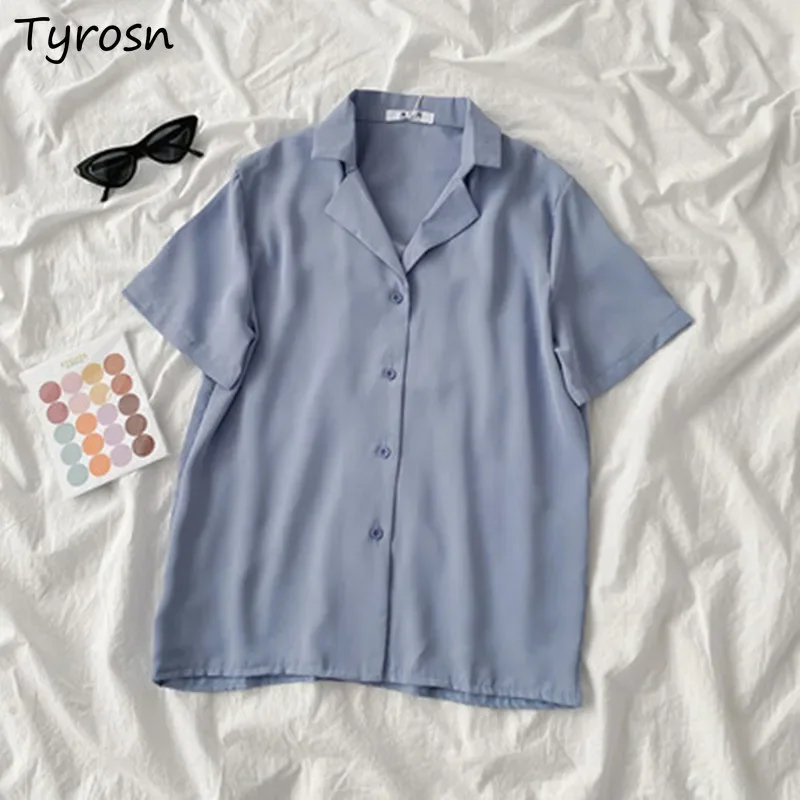 

Рубашки женские, простые, универсальные, однотонные, в японском стиле, блузки с короткими рукавами и надрезом, офисные женские свободные летние дизайнерские однобортные топы