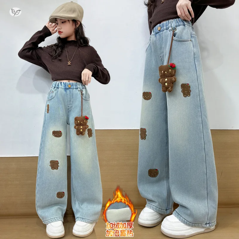 

Girls' Cartoon Denim Pants, Cartoon Embroidered Denim Straight Leg Pants, Fleece-Lined Denim Long Pants for Autumn and Winter
