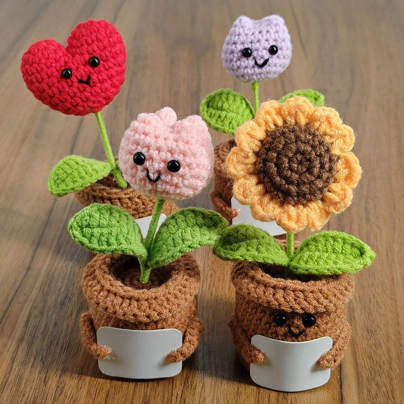 Valentine's Day Crochet Flowers Potted Artificial Flowers Woven Sunflowers Crochet Heart Flower Desk Accessorie San Valentin