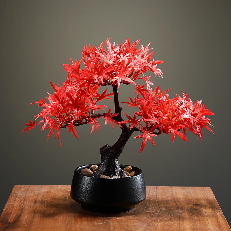 Artificial Flower Bonsai Fake Tree Red Maple Pot Office Vase Decoration Desk Decoration Home Decor