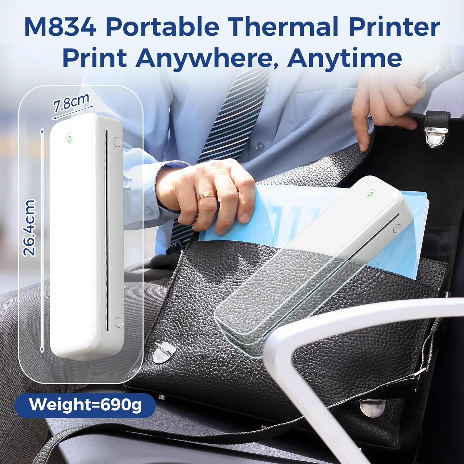 M834 Portable Printers Wireless BT Thermal Printer for Travel A4 Paper Inkless Compact 300dpi Printer Compatible for Phone/PC