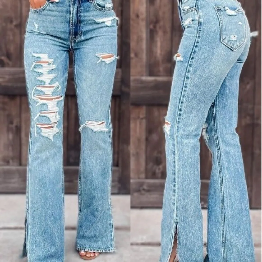 Jean Vintage Déchiré en Denim pour Femme, Pantalon d'Extérieur à Entrejambe Ouvert, Style Boyfriend, Coupe Fjboot, Streetwear, Baggy, Bas à Cloche, 7.0