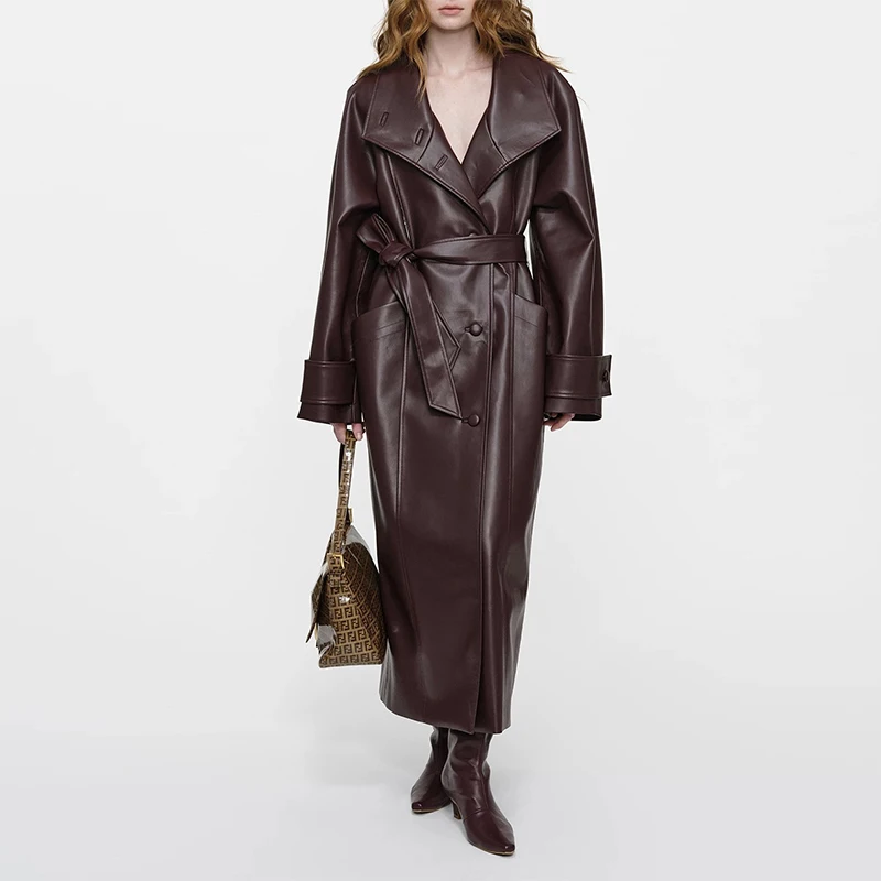 معطف واق من المطر من الجلد الطبيعي لعام 100% للنساء لخريف وشتاء فاخر من جلد الغنم وطية صدر كبيرة وحزام واحد فضفاض طويل ملابس خارجية