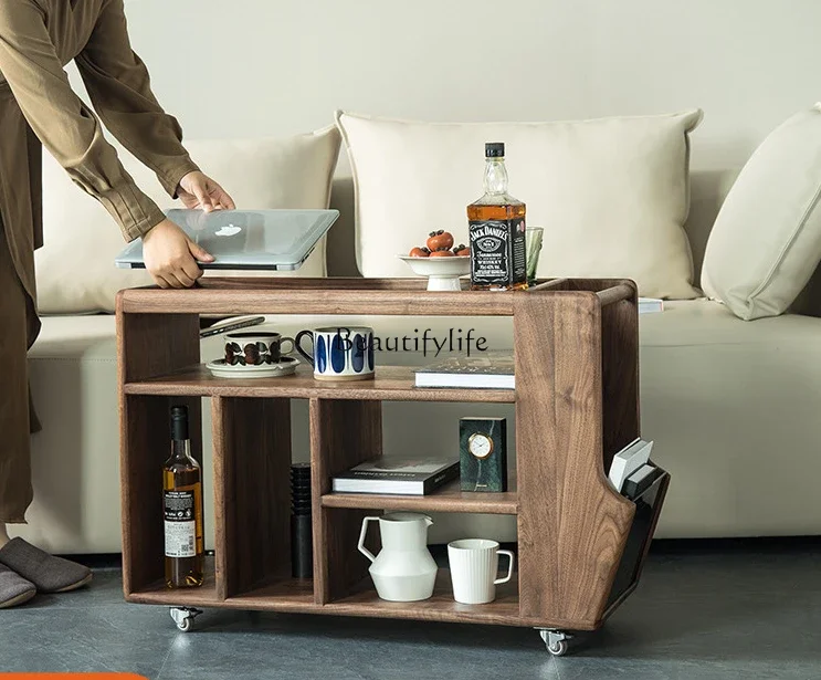 

Black walnut sofa edge several Nordic solid wood trolley movable storage side cabinet tea cart