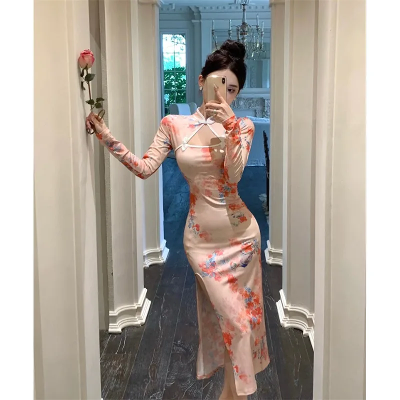 Emagrecimento impresso oco para fora gola longa sve midi dr coreano sle cintura alta seda poliéster primavera outono dr