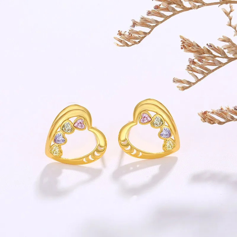 

24K Gold Plated Love Heart Charm Earring Gold Filled Jewelry Zircon Pave CZ Ear Studs For Women Exquisite Decorations 2024