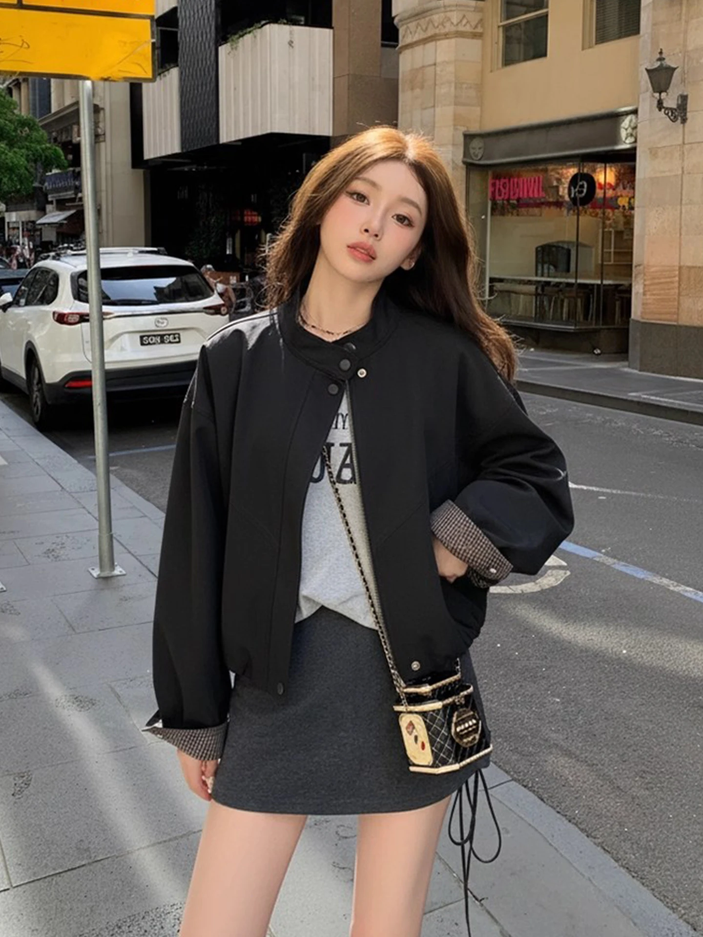 Chic Vintage ort Zipper Leather Jaet Stand Collar Loose Women's Versatile Autumn Faion Commute Sle Small Size Friendly