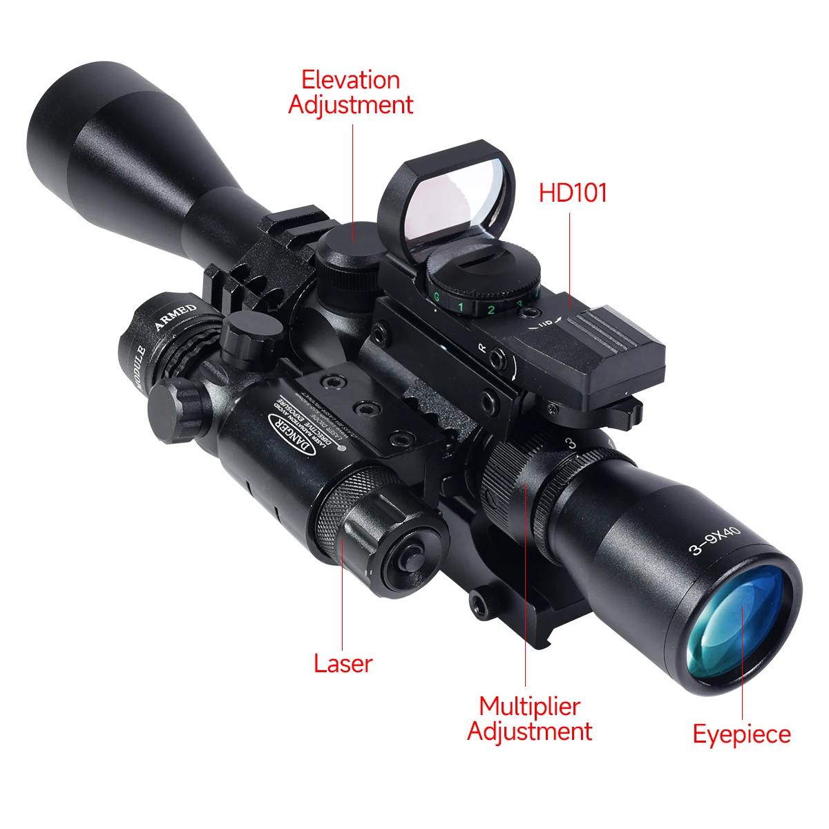 Riflescope 3-9x40 Rifle Sniper Scope Tactical Hunting Second Focal Plane Accessory with HD101 Red Dot and Red Green Laser Combo