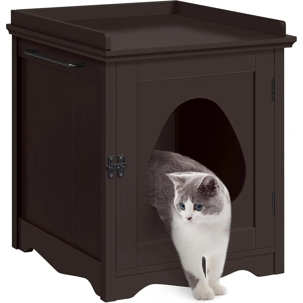 Discrete Cat Litter Box Cabinet with Towel Bar, Wooden Pet Washroom, Storage Nightstand