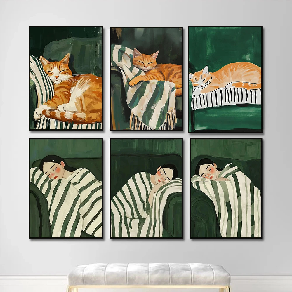 Abstract Emerald Green Stripe Woman Sleeping Cat Poster Modern Minimalist Canvas Painting Print Wall Art Living Room Home Dec