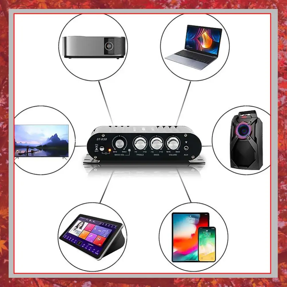 

Автомобильный HIFI-усилитель ST-838 2.1-канальный, мини-усилитель MP3 с AUX-входом, регулировкой высоких и низких частот, Super Bass, 80 Вт*2, черный/серебристый