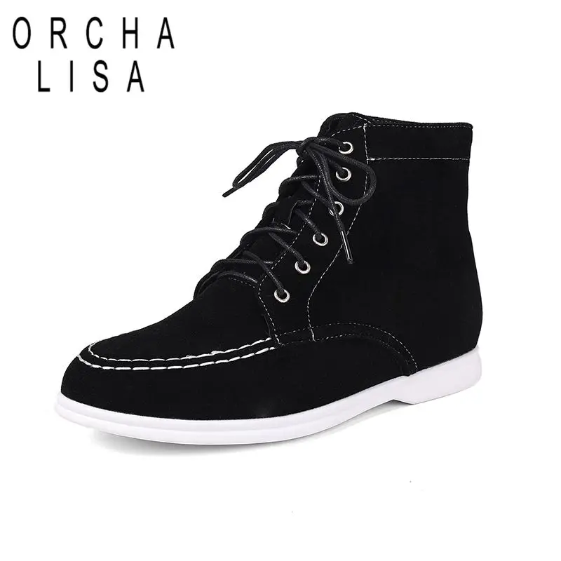 ORCHA LISA Black Women Ankle Boots Round Toe 1.5cm Wedges Heel Lace Up Flock Suede Large Size 46 47 48 Leisure Daily Short Botas