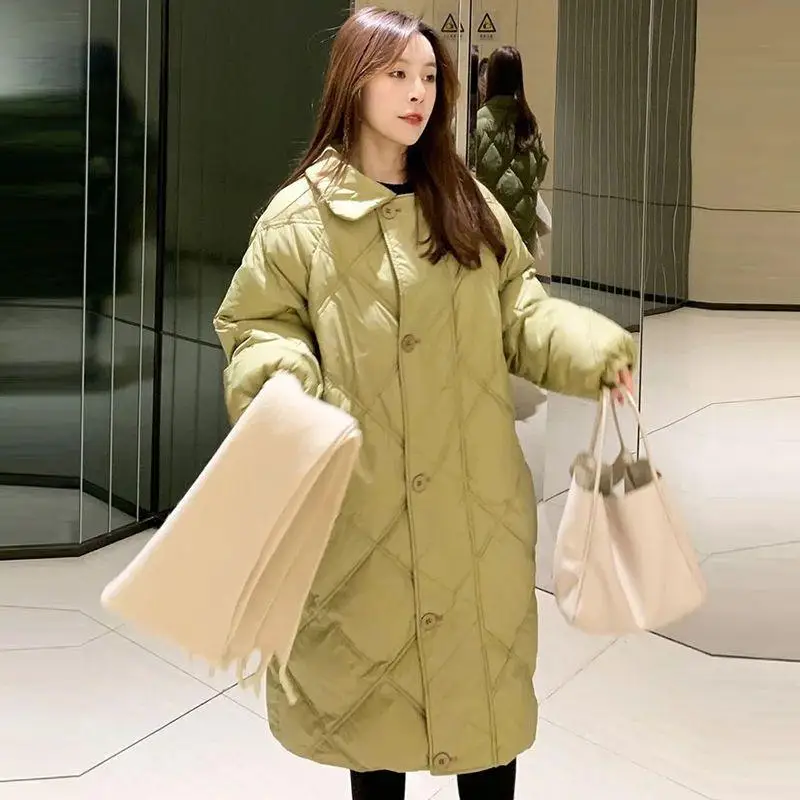 

White Du down Puffer Jaet Korean Sle Casual Quilted Color Doll Collar Women's Mid-Length Coat Commute Faion