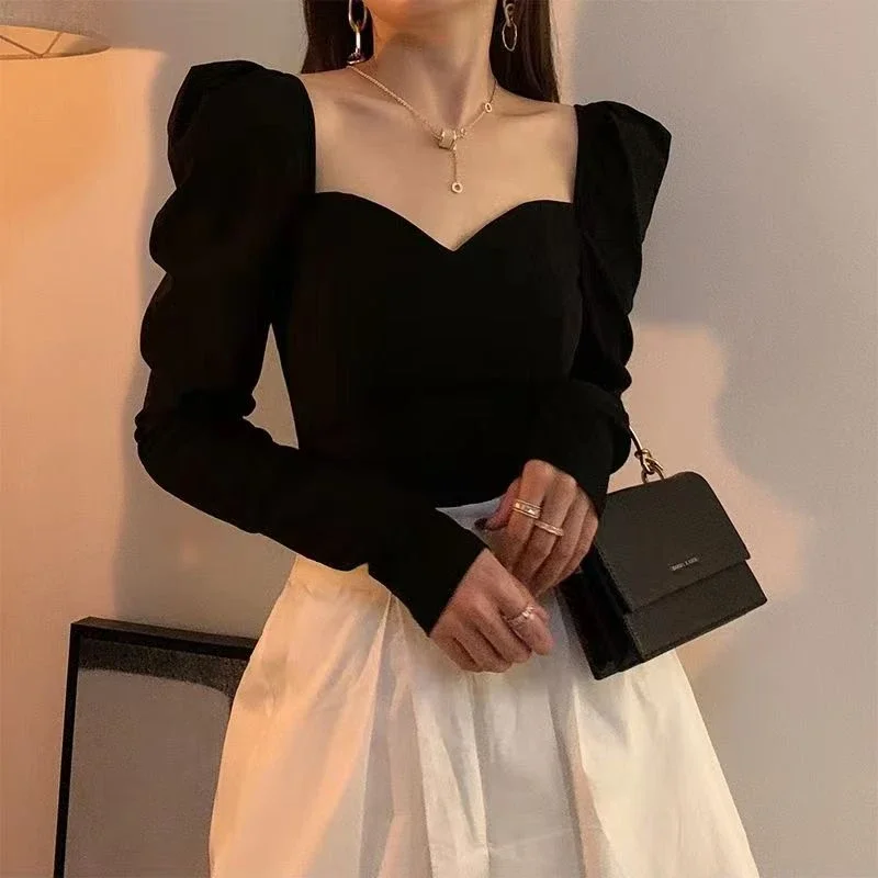 

Vintage Elegant Women's Puff Sleeve Blouse Square Collar Slim Fit Casual Chic Office Shirt Black Autumn Top for Ladies