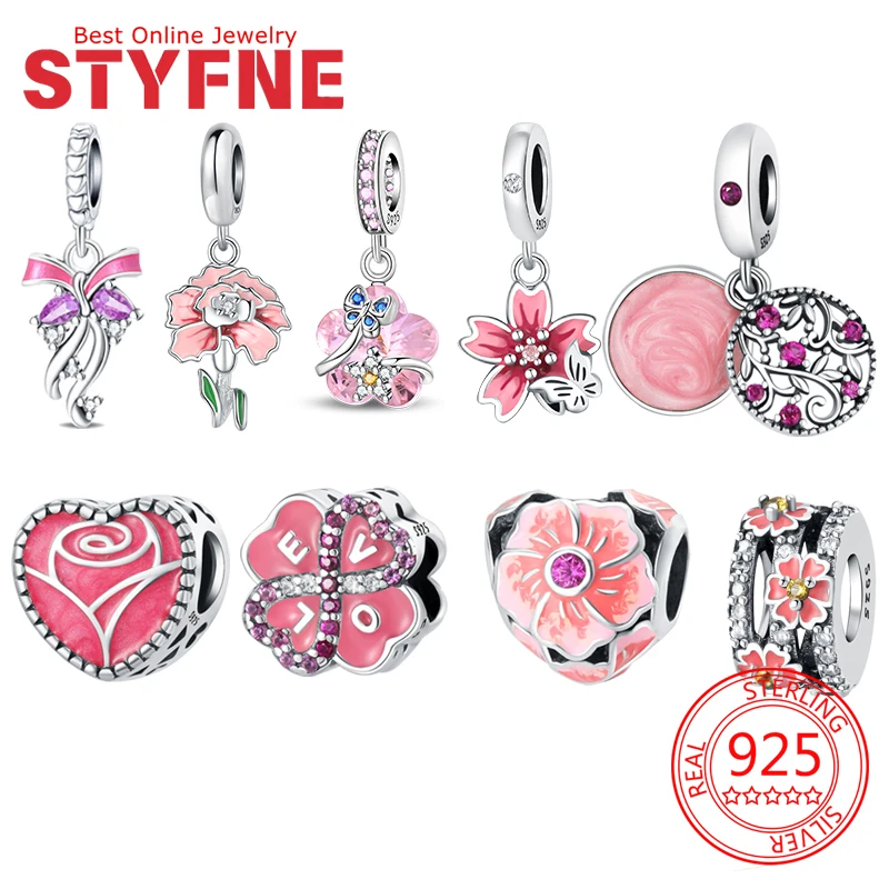 

925 Sterling Silver Charms Pink Flower Heart Beads Fit Bracelet Necklace Accessories Bead Jewelry Making Fine Jewelry Gift
