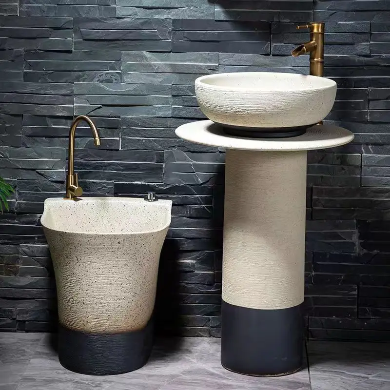 Outdoor retro courtyard blue and white porcelain pillar washbasin villa garden ceramic integrated