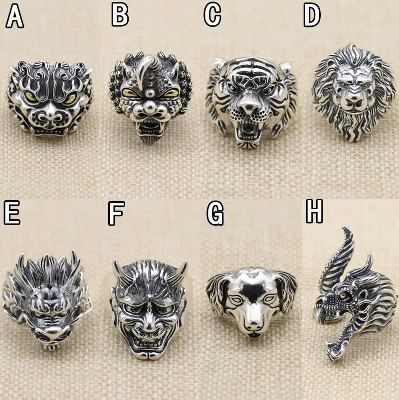 

925 sterling silver retro animal tiger lion bull beast head domineering men's exaggerated fashion ring with adjustable opening