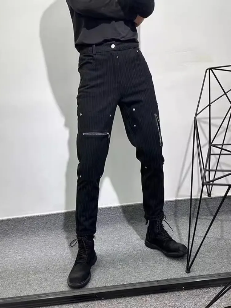 Design Zipper Splicing Slim Fit Pencil Pants Men Fashion Gothic Striped Pants Fashion Spring High Street Casual Trousers Male