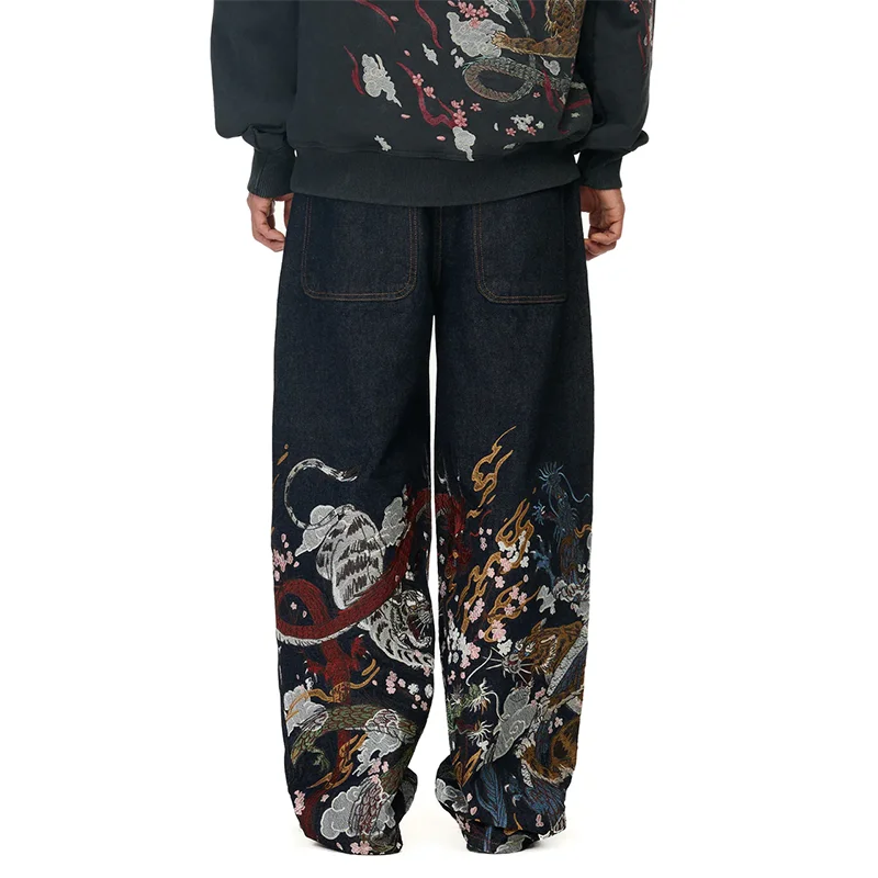 Y2K موضة الاتجاه الجينز التقليدية الصينية الأسطورية الوحوش التطريز عالية الخصر فضفاض الجينز الهيب هوب الرجال النساء الرجعية الشارع الشهير