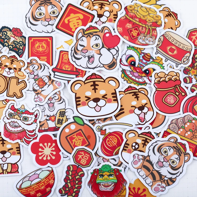 38pcs Handheld Cartoon Stickers Handheld Cute Diy Photo Album Chinese Style Decoration Small Material Little Tiger 2022 New Year