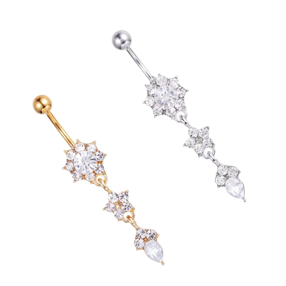 2 pezzi anelli per piercing all'ombelico pendente a forma di fiore a goccia ciondola elegante anello per ombelico gioielli per il corpo gioielli per piercing al corpo in oro bianco
