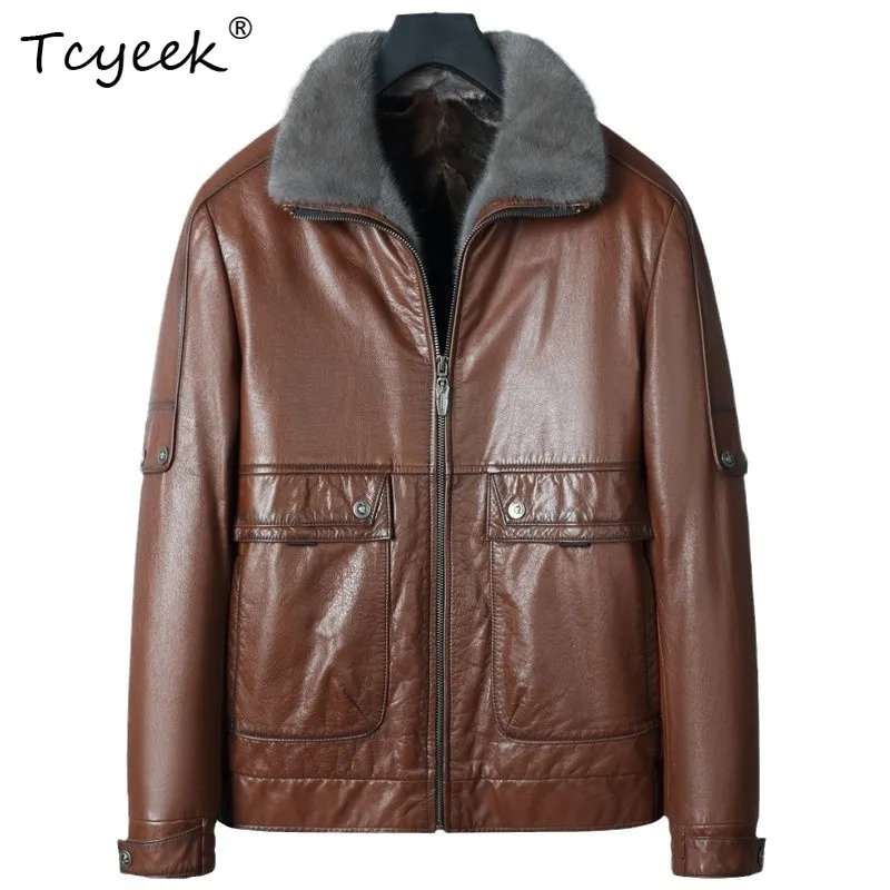 Tcyeek طبقة علوية من جلد البقر سترة جلدية أصلية معطف فرو منك حقيقي ملابس شتوية للرجال معاطف رجالية غير رسمية للأعمال