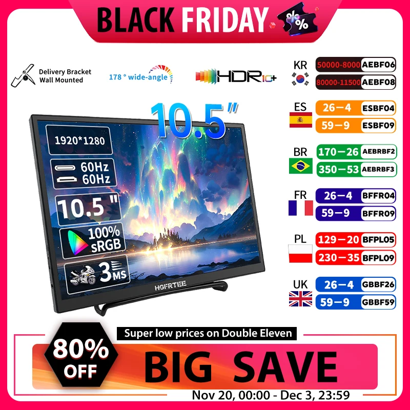 

HGFRTEE 10.5 Inch Portable Monitor 1280P 100%sRGB Low Blue Light Extension Display For XBox PS4 / 5 Switch Cell Phone PC Loptop