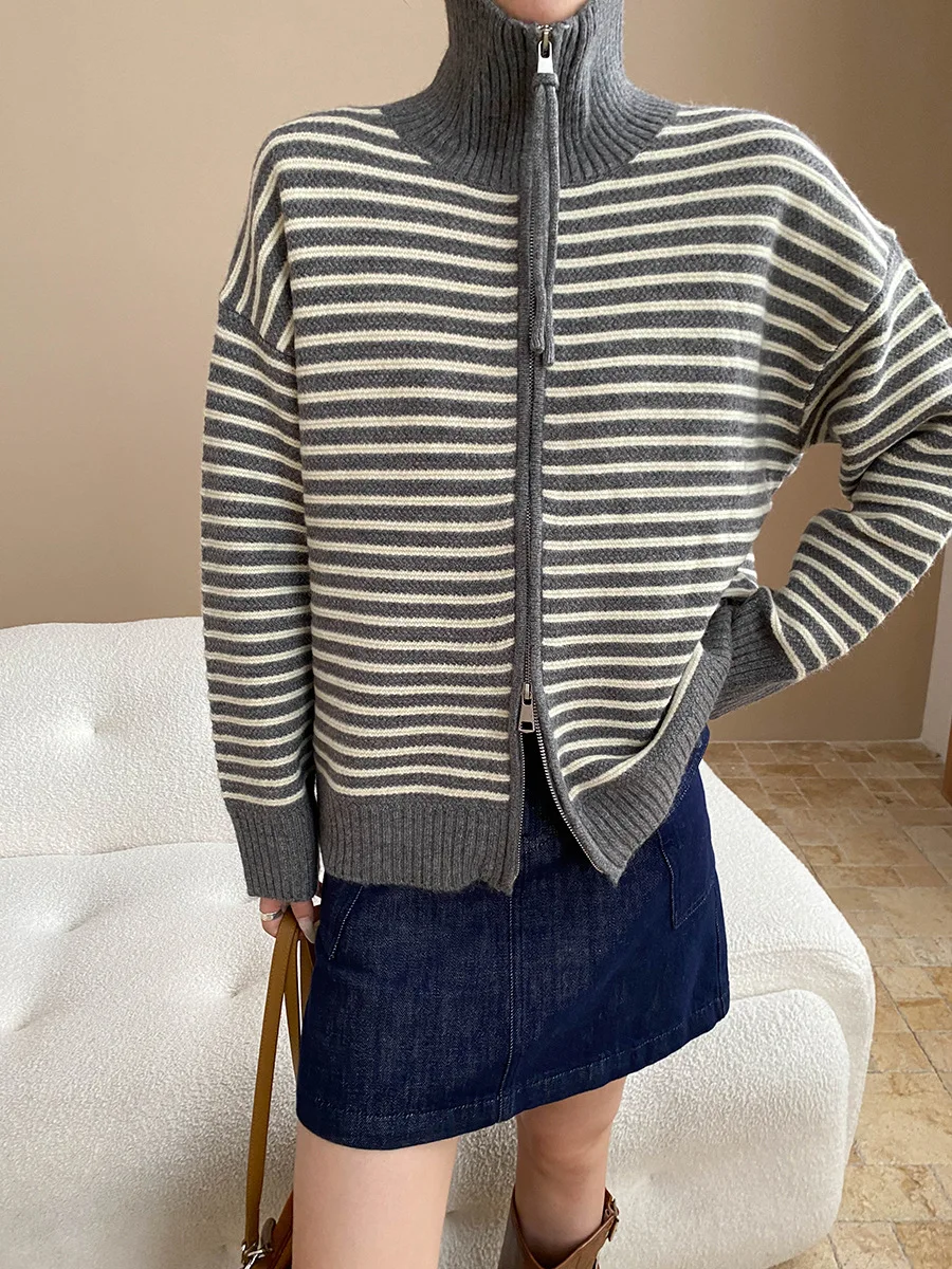 

Женский повседневный свободный свитер с двойной молнией и лацканами в контрастную полоску, вязаный кардиган