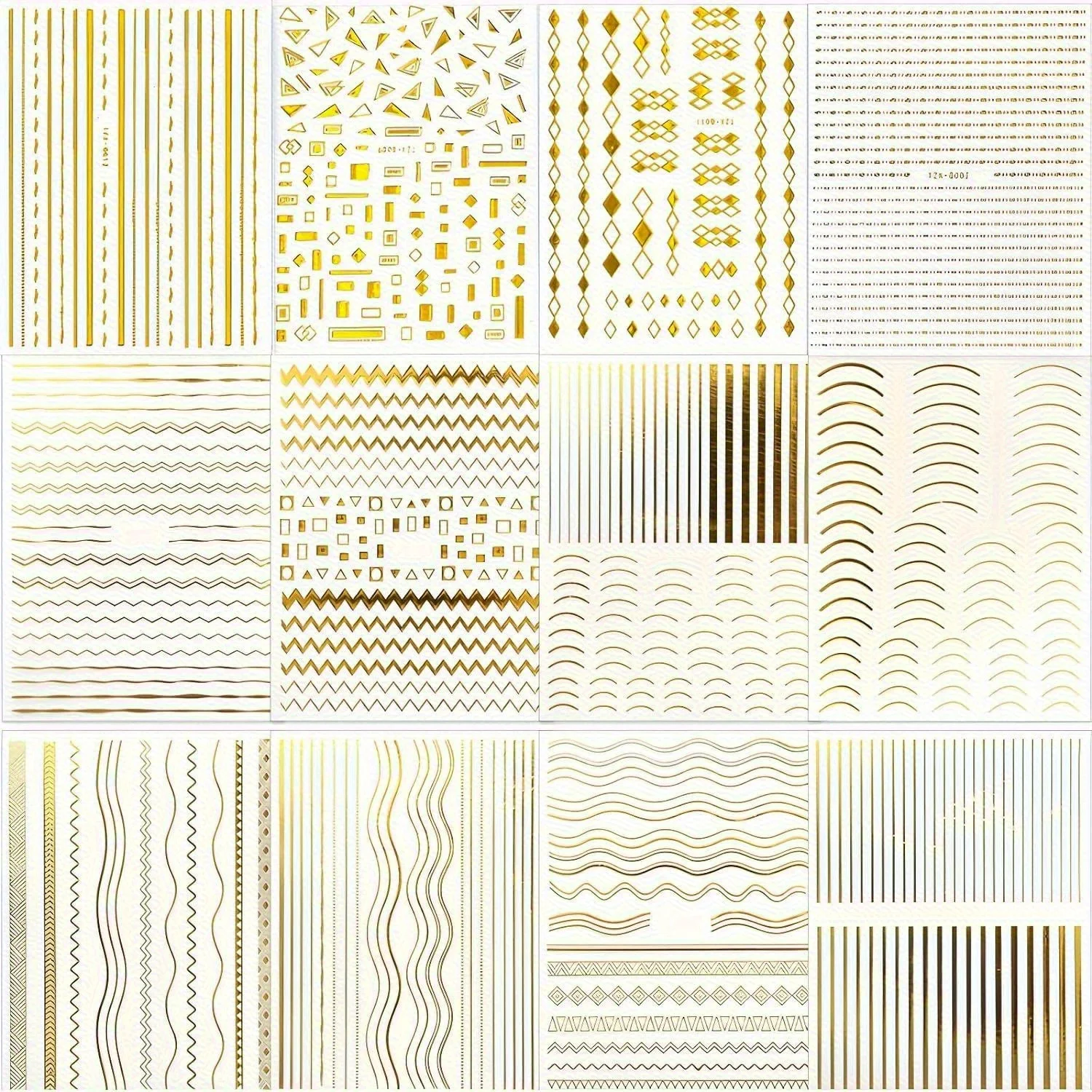 12pcs 3D Shiny Golden Thread French Nail Stickers - Self-Adhesive Glossy Fantasy Nail Art Decals with Irregular Striped
