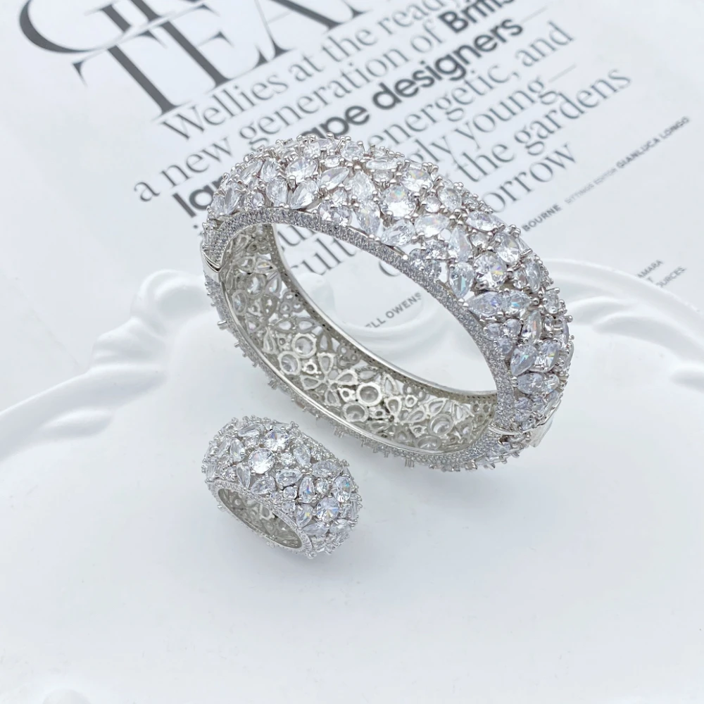 Flora Saudi Party Zircon Women's Jewelry Set Gold Plated Copper Bracelet And Ring Luxury Simulated Shining Accessories