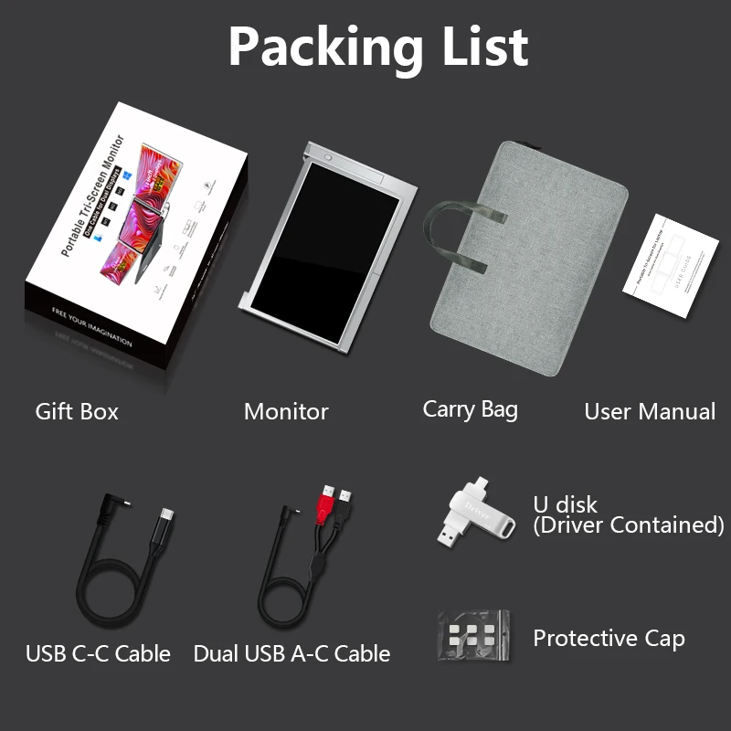 Portable Triple Screen  FHD IPS Display Retractable Stand Laptop Lcd Screen 1 Cable for 3 Displays