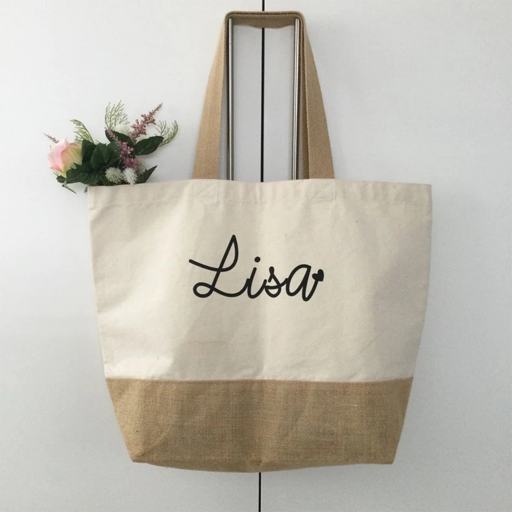 Custom Linen Tote Bag, Personalized Bridesmaid Gifts Beach Bag, Bridal Shower Favors Organizer Bag, Teacher Monogrammed Bags