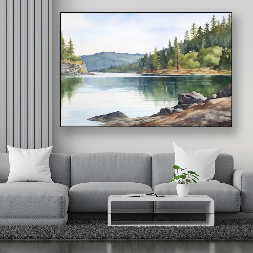 

Idaho Watercolor Art Print Lake Coeur d'Alene Canvas Painting Landscape Wall Art Poster ForLiving Room Interior Home Decor