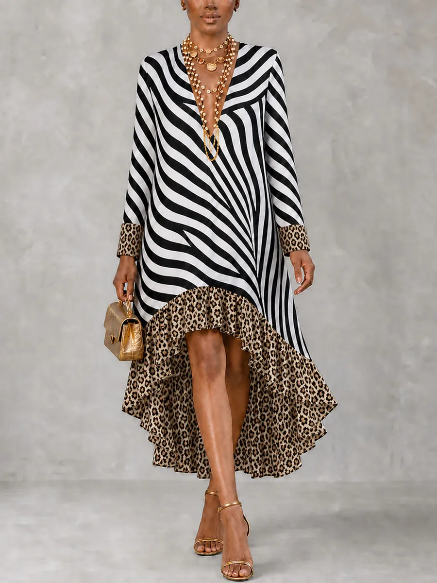 Modigirl Women Black White Stripe Midi Dress Deep V Neck Long Sleeve High Low Ruffle Hem Loose Elegant Party Vacation Dresses