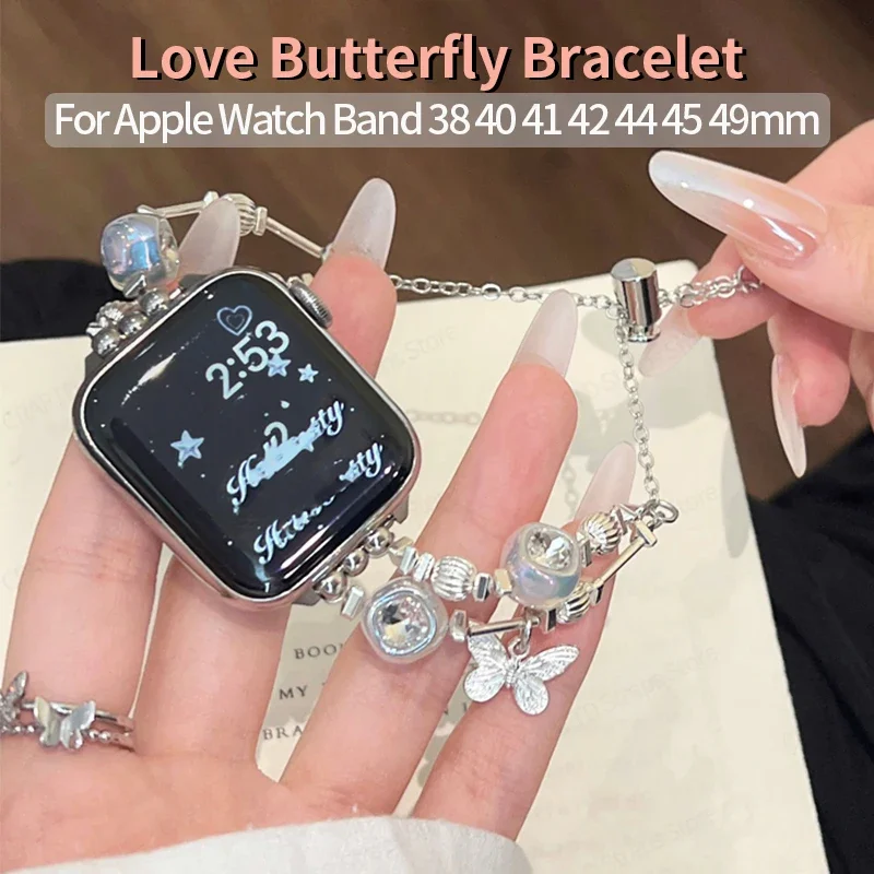 

Love Butterfly Strap for Apple Watch Band 44mm 40 41 42 38 49 45mm Sweet Bracelet Chain for Iwatch Series 9 7 8 6 5 4 SE Ultra 2