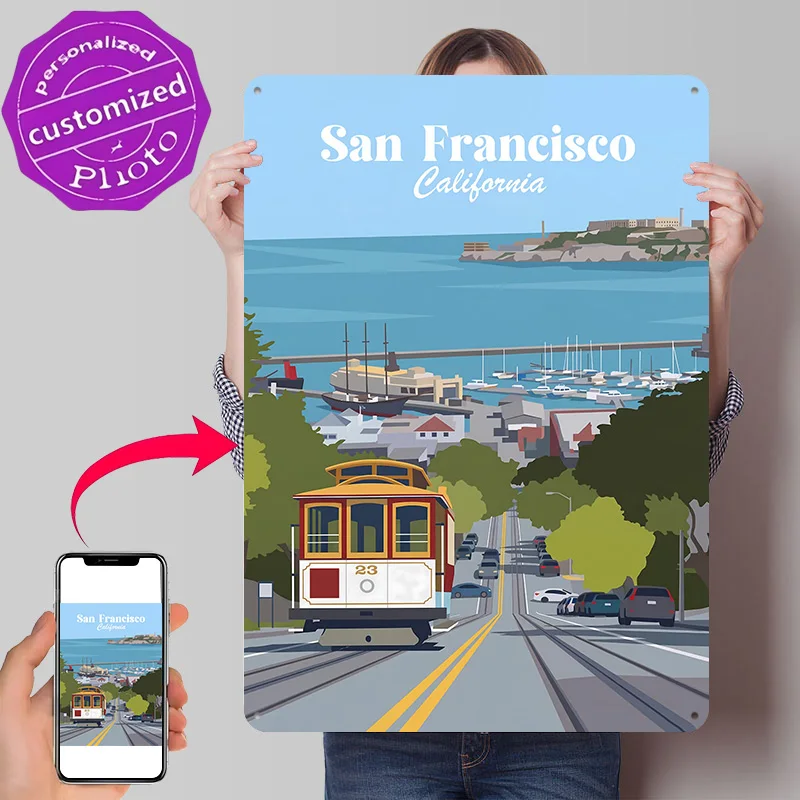 San Francisco 3D Texture Metal Poster Customized Wall Art Tin Sign Gift for Mancave Vintage Retro Decoration Room Decor Luxury