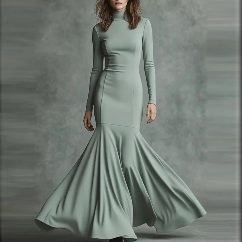 فستان حورية البحر ضيق بياقة مدورة موضة ربيع 2026 أنيق متين عالي الخصر فستان ضيق للخريف بأكمام طويلة فستان ماكسي بوهو