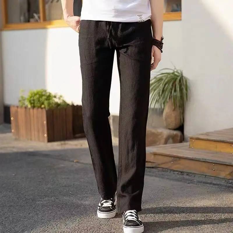 Vintage Men จีบผ้าฝ้ายลินิน Casual กางเกง Drawstring ซิปด้านข้างเอวยางยืด Comfort Breathable กางเกงชายหาดกางเกงตรง