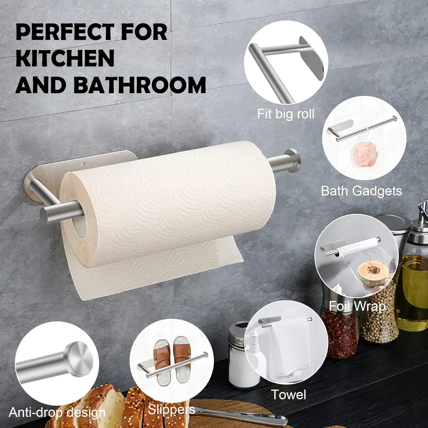 

Suporte rolo papel cozinha Aço inoxidável Suporte do tecido do armário Auto-adesivo Ou Perfuração Suporte barra toalha Para Banheiro Cozinha