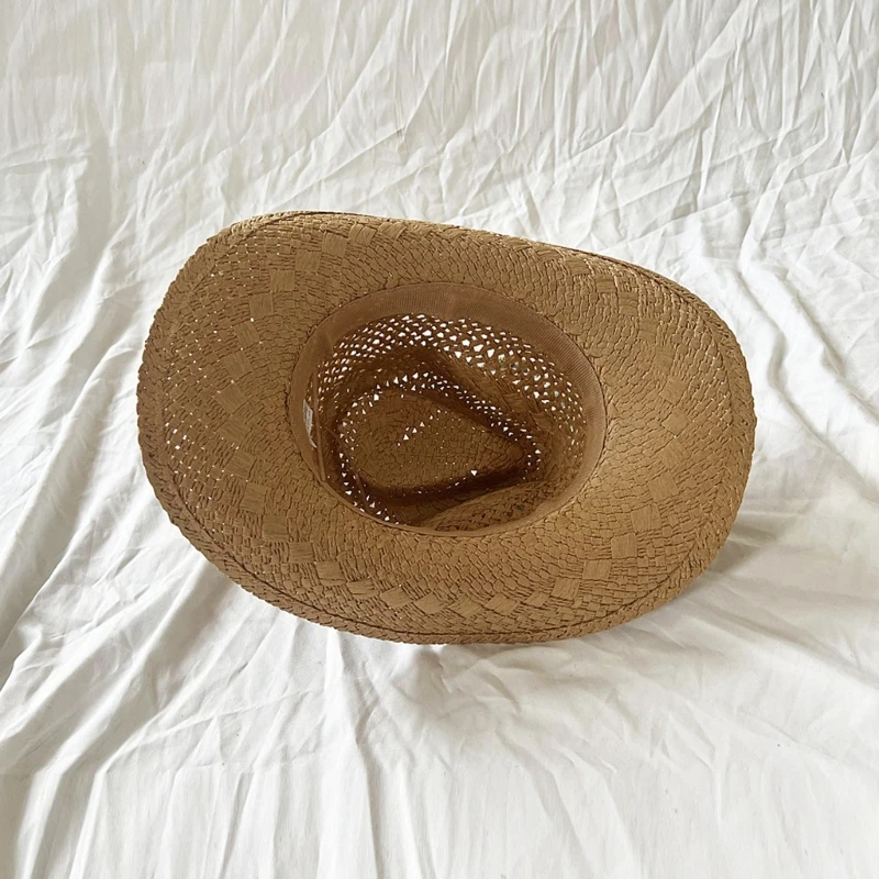 Handwoven Straw Hat Sun Protective Hat Roll Brim Straw Hat with Seashells Belt