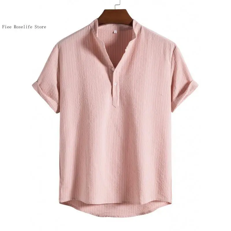 Spring and Autumn Summer Leisure Commuting Stand Up Collar Striped Ethnic Style Series Loose Short Sleeved Shirt for Men