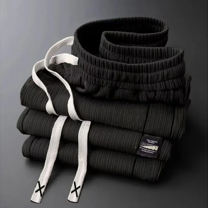 

Мужские широкие брюки из ледяного шелка прямого кроя, летние повседневные брюки, дышащие, с тонкой эластичной резинкой на талии, свободные длинные брюки для подростков