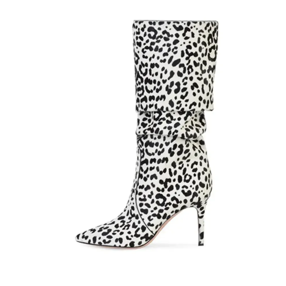 INS Hot Saling Runway Winter Wide- Calf Booties Sxey Leopard Printed Zapatos Mujer Cozy Pointed Toe Stiletto Mid-Calf Boots