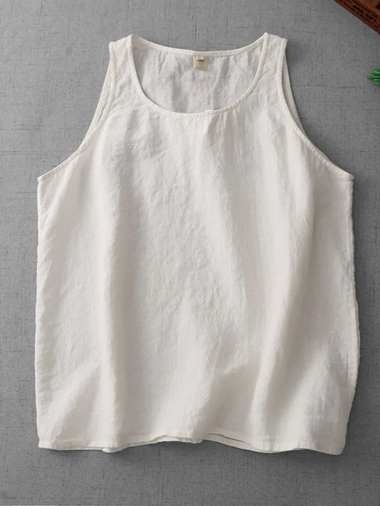 سترة نسائية خفيفة الوزن من القطن والكتان بلون واحد، قميص صيفي رقيق بياقة مستديرة