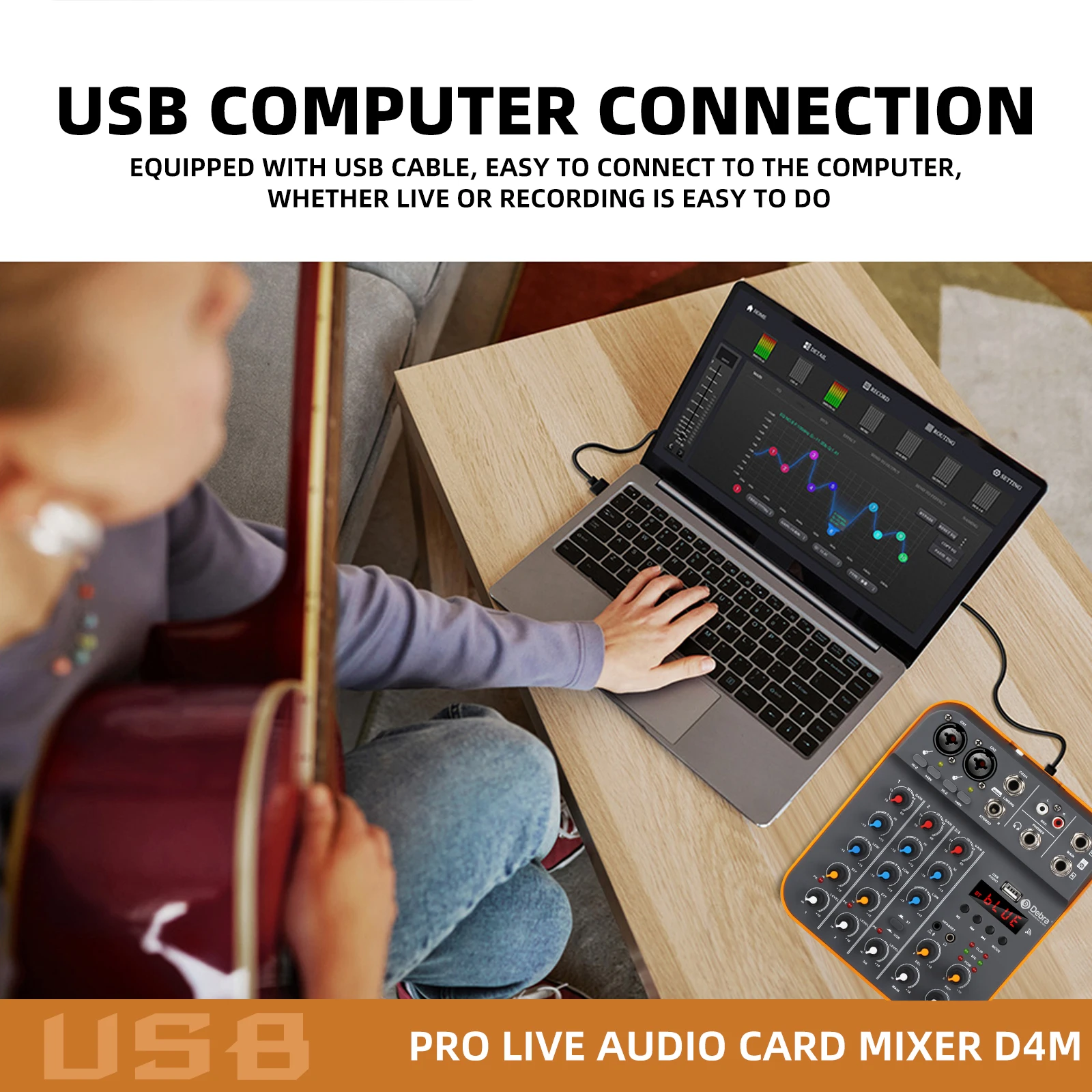 Mezclador de Audio Debra, consola de DJ de 4 canales con Bluetooth, tarjeta de sonido USB de 48V para grabación de PC, micrófono, transmisión en vivo