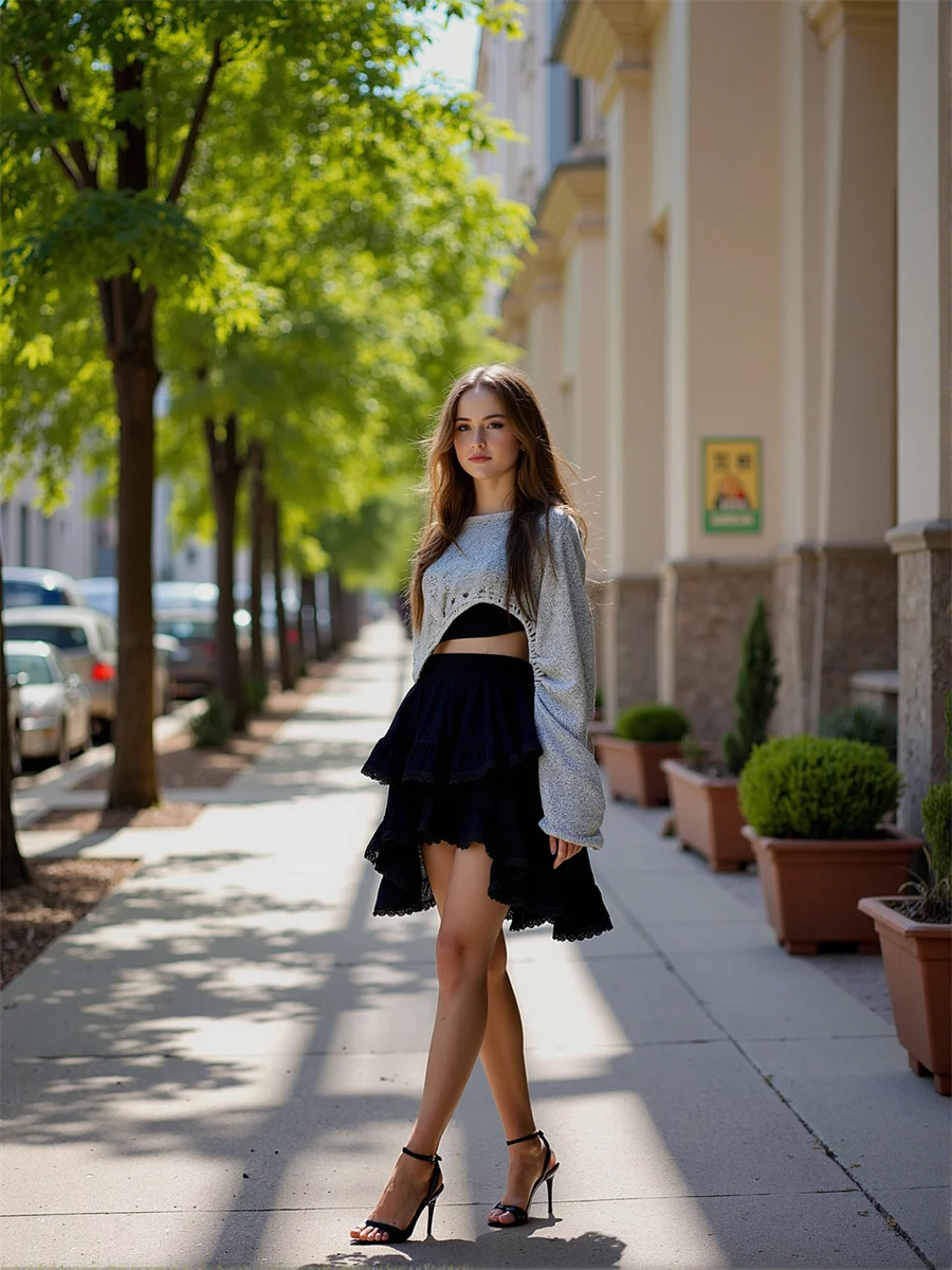 

Мини-юбки с оборками, черно-белые женские плиссированные многослойные сетчатые юбки с блестками и рюшами на талии, аппликация, художественные, элегантные, мягкие для колледжа