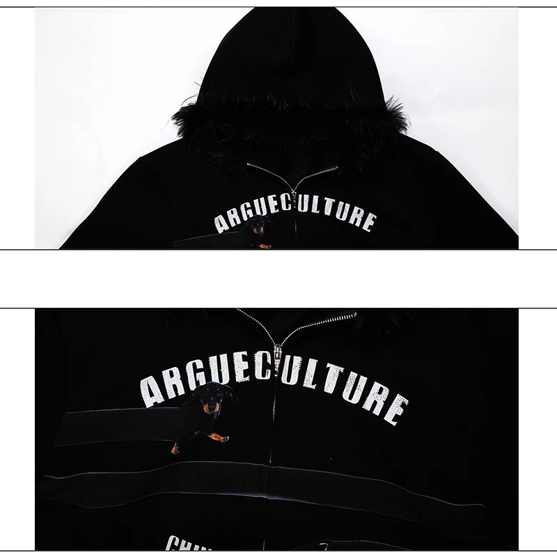 LUZHEN شتاء جديد الفراء مقنعين رسالة سحاب مطبوع البلوز الرجال النساء 2025 موضة وسيم فضفاض ملابس كاجوال JY4787